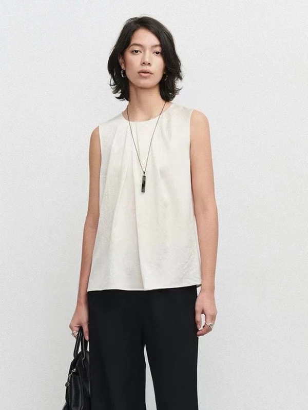 

Ele round Ne Svel Vest Women's High-End Texture Acetate Top Vintage Sle Gathered Hem Regular Fit Color