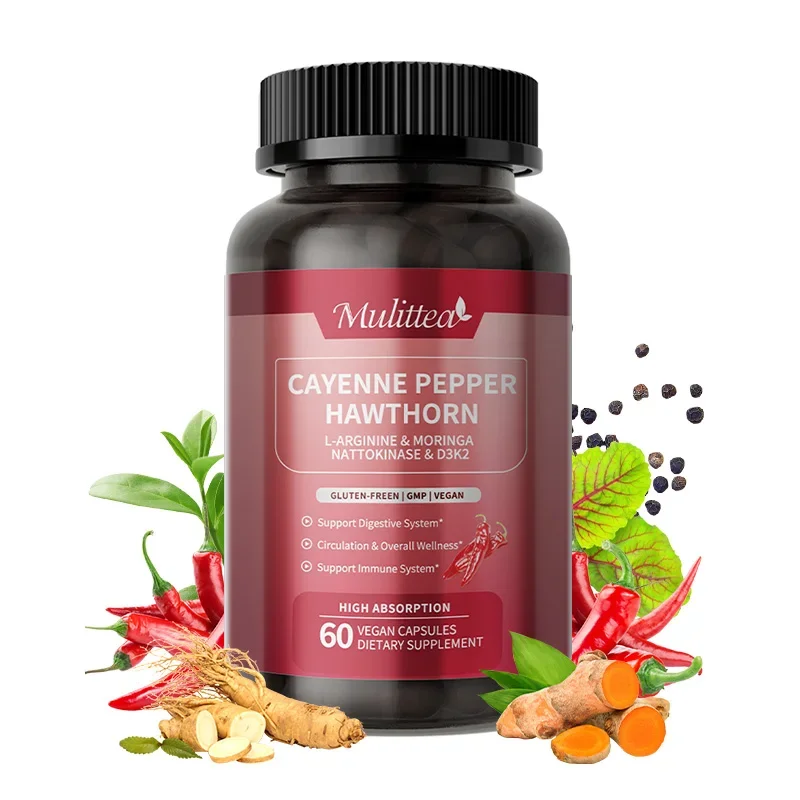 

Mulittea Cayenne Pepper Hawthorn Capsules with Turmeric Support Cardiovascular Immune Systems Digestive support Overall health