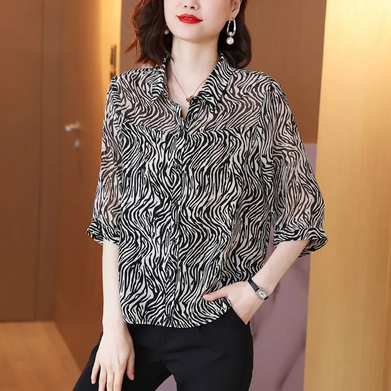 Women Zebra Pattern Printed Elegant Chiffon Shirts Summer Simple 3/4 Sleeve Office Lady Blouses Loose Tops Blusa Mujer Moda 2023