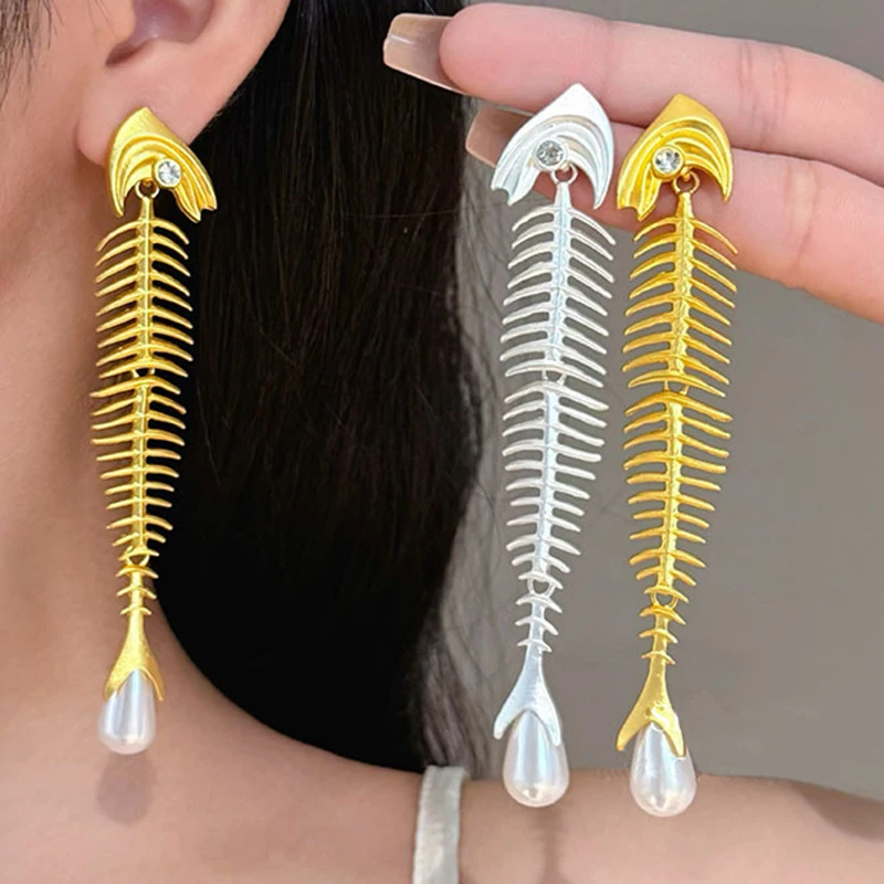 Pendientes colgantes de perlas de espina de pescado para mujer, exquisitos pendientes colgantes Vintage de lujo, regalos de joyería elegantes y versátiles Punk exagerados