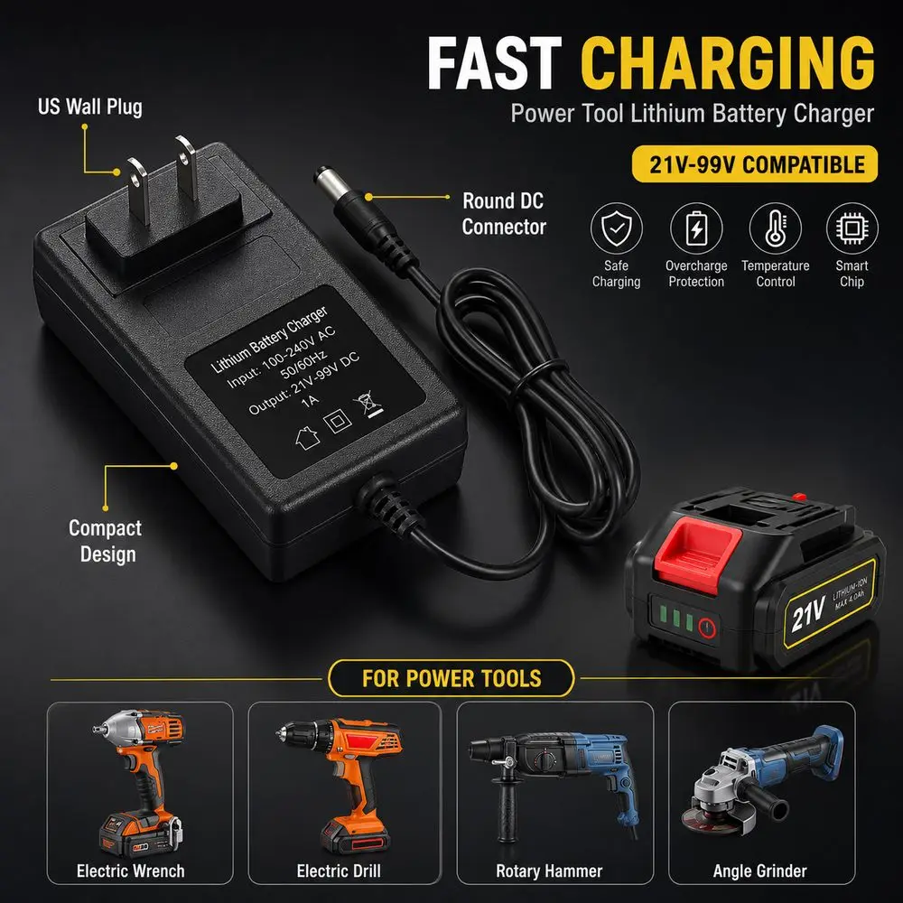 Fast Charging Power Tool Battery Charger Round DC Connector US Plug Lithium Battery Charger Black Plastic Housing