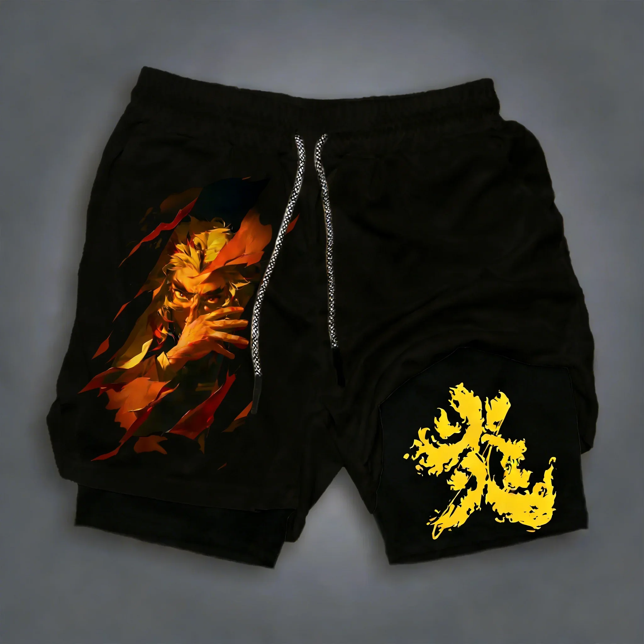 Demon Slayer Herren-Sommer-2-in-1-Sportshorts, neue Rengoku Kyoujurou Anime-bedruckte, schnell trocknende, atmungsaktive Shorts zum Schwimmen