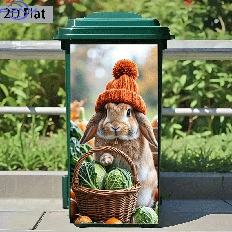 2D Flat Printing 1pc Trash Can Sticker 37×82cm Cute Rabbit Picking Fresh Vegetables Theme Design Self-Adhesive Wall Decal Wall