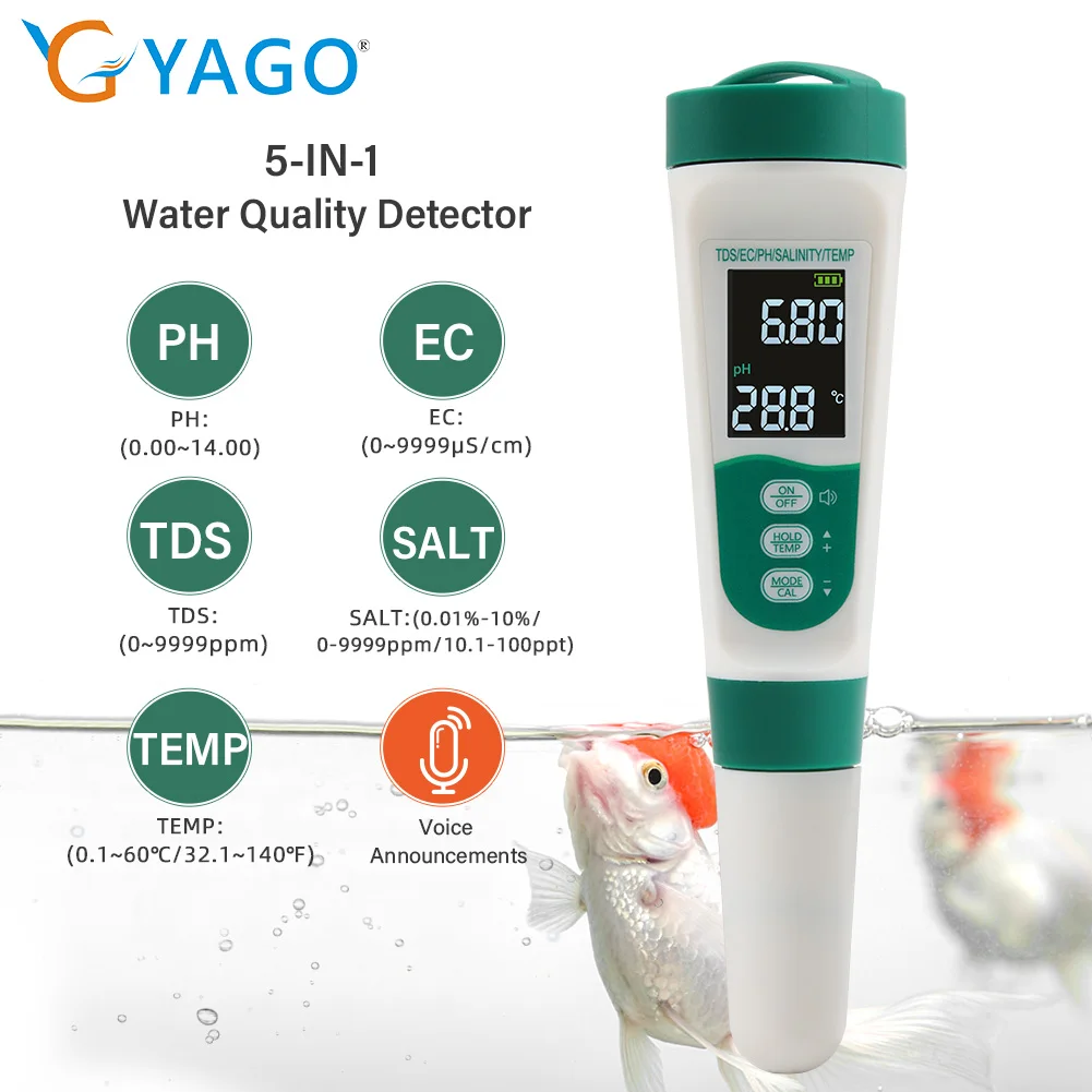 

5 IN 1 Voice PH Meter Digital LCD Water Quality Tester PH/EC/TDS/SALT/TEMP Monitor Tester for Aquarium Swimming Pool