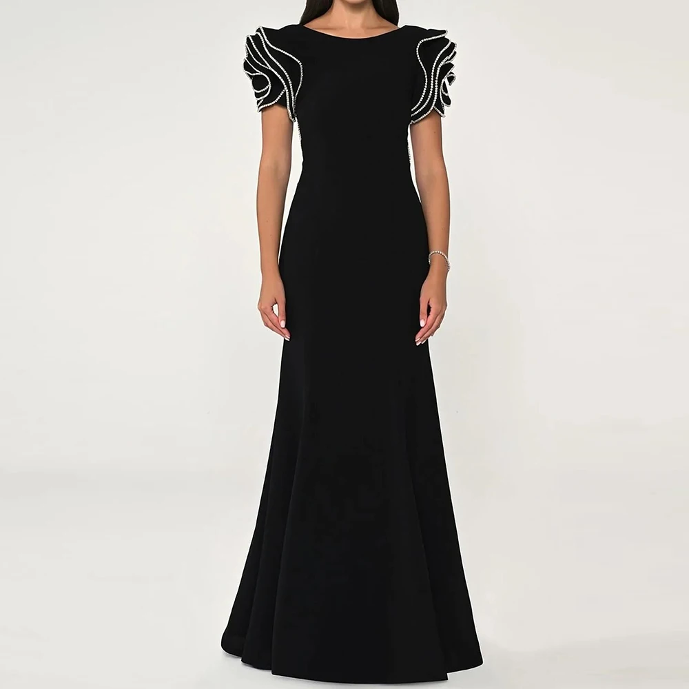 

Elegant Party Dresses Woman Floor Length Straight Jersey Short Sleeves Pleats Solid Black Crew neck Bespoke Occasion Gowns 2024