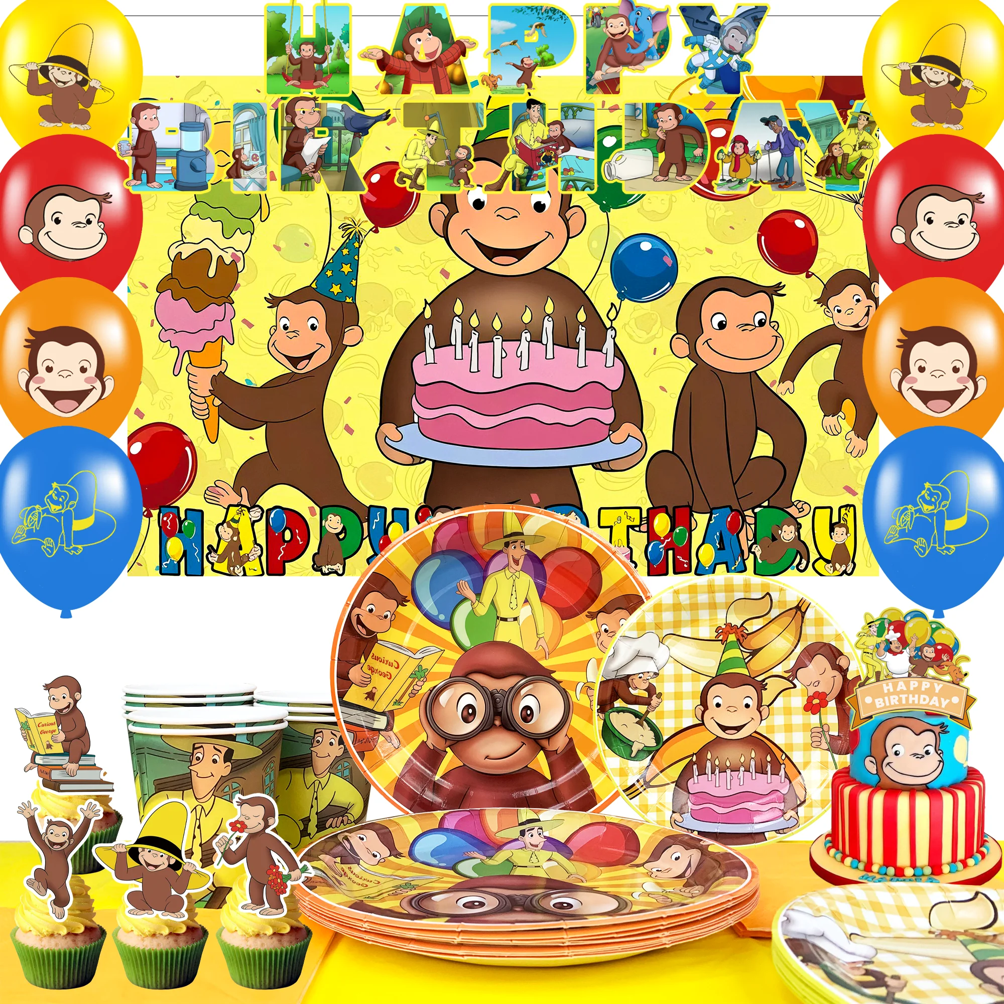 110 Pcs George Monkey Party Decorations & Tableware - George Monkey Banner Balloons Plates Etc George Monkey Birthday Decoration