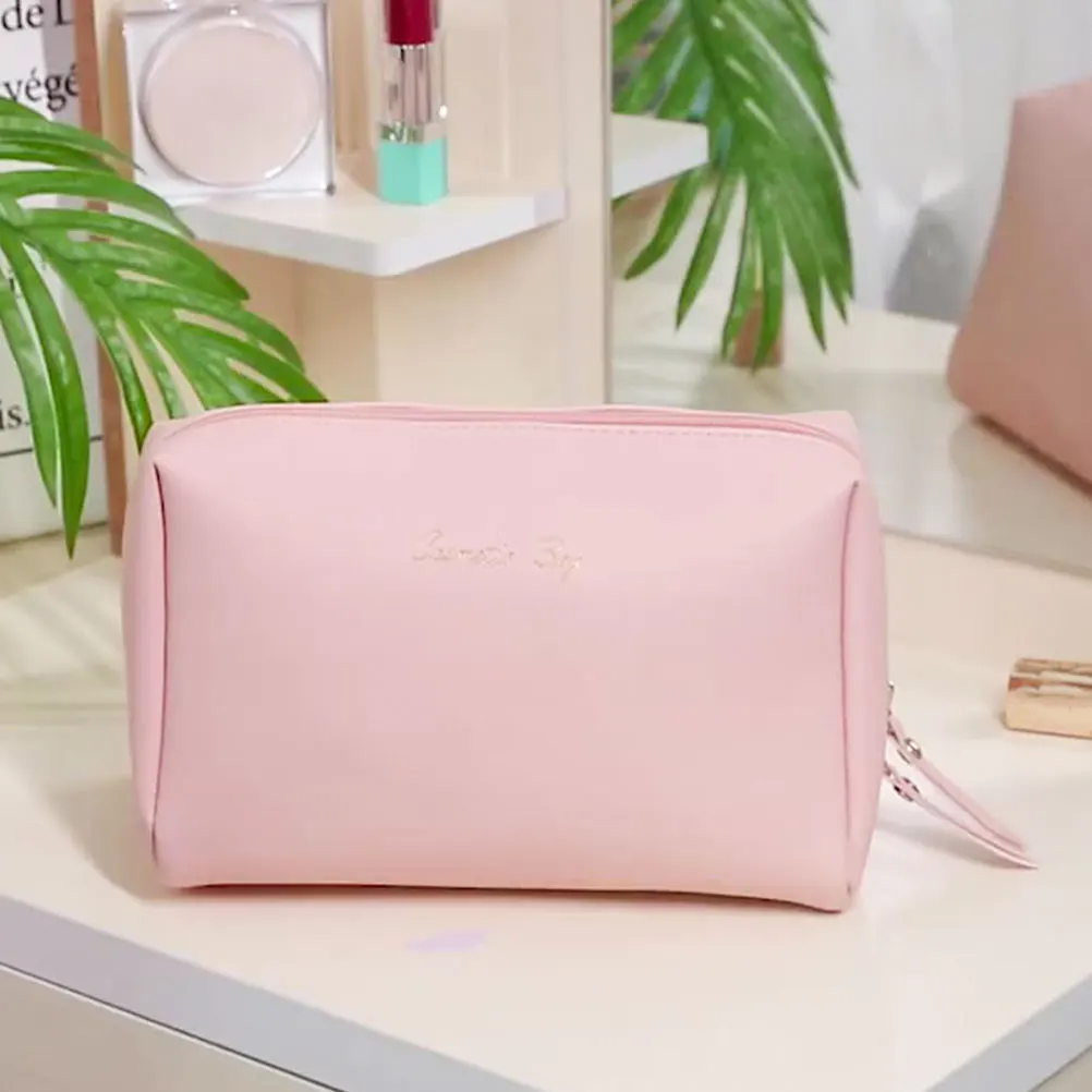 

Waterproof Toiletry Bag Pink Pu Simple Cosmetics ganizer Travel Makeup Bag Big Opening Double Zipper Durable Storage For Outdoor