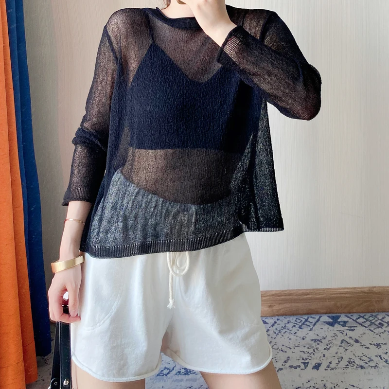 

Женский трикотажный топ-накидка Phil Dan Sexy See-through Sun Protection irt Slim Fit, длинный, вязаный, 6623