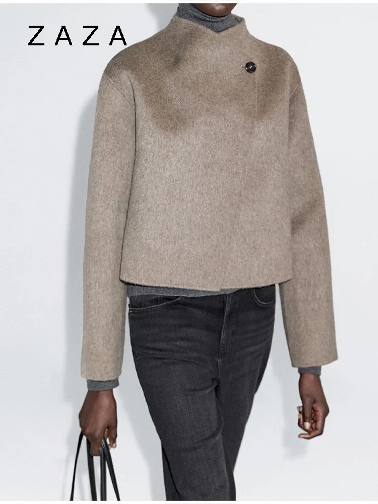

Zaza шерстяная укороченная куртка с косым вырезом для женщин, короткое пальто с длинными рукавами и одной пуговицей, новинка 2025 года, женская осенне-зимняя теплая верхняя одежда