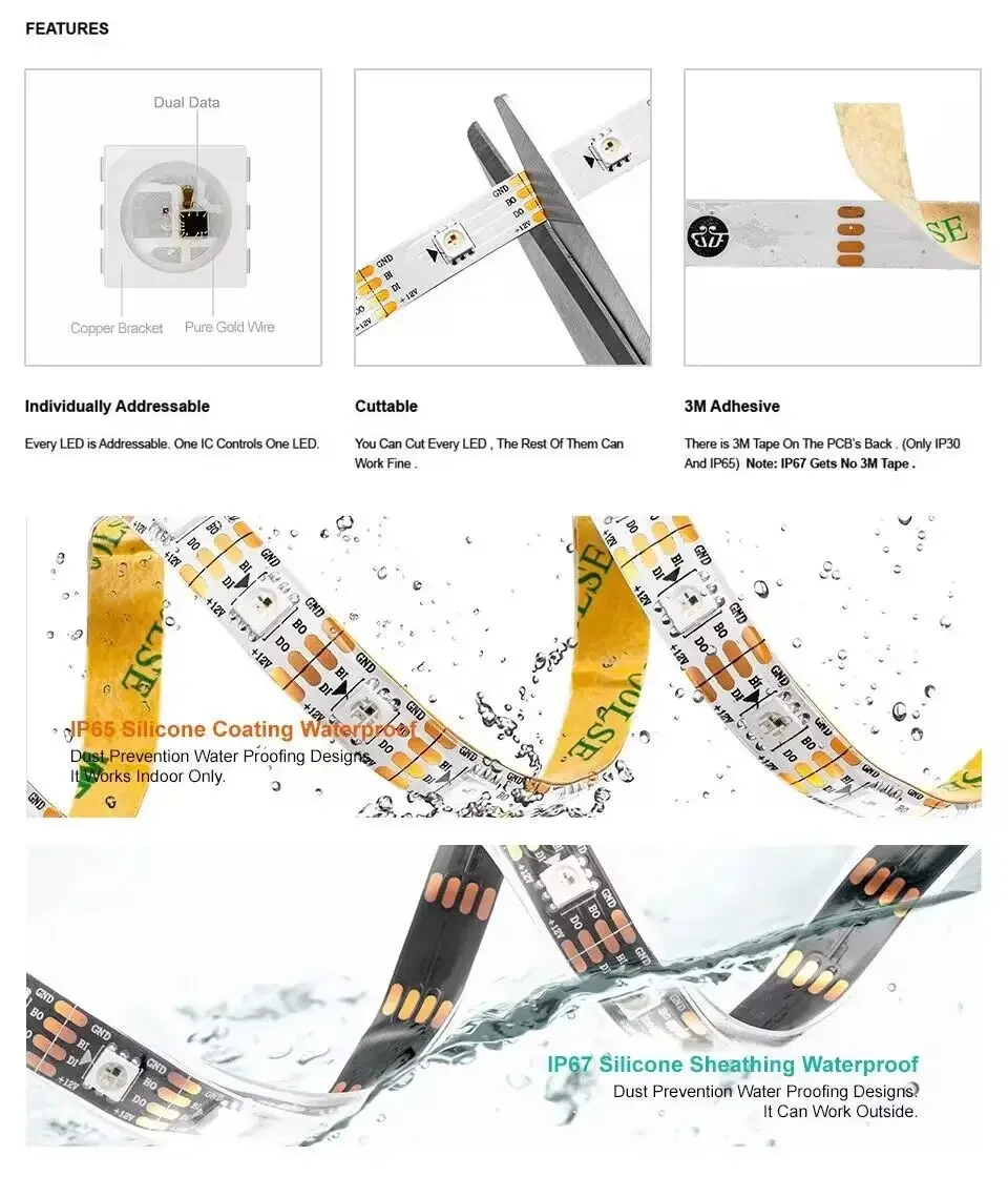 DC12V WS2815 RGB Full Color Led Strip Light WS2812B WS2813 Updated 30/60/144 Pixels/m IP30/65/67 Addressable Smart Lights Tape