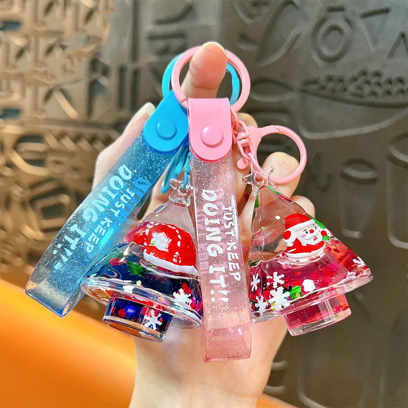 Christmas Moving Liquid Acrylic Tree Bottle Keychain Cartoon Oil Quicksand Santa Claus Keyring Backpack Car Key Chains