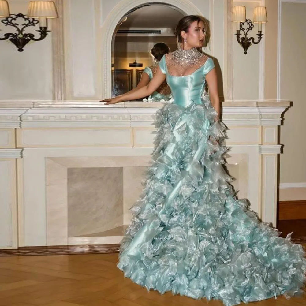 

Customized Pleat Ball Gown Evening Dresses Bead High Neck See Through Back Formal Occasion Dress Green vestidos de novia