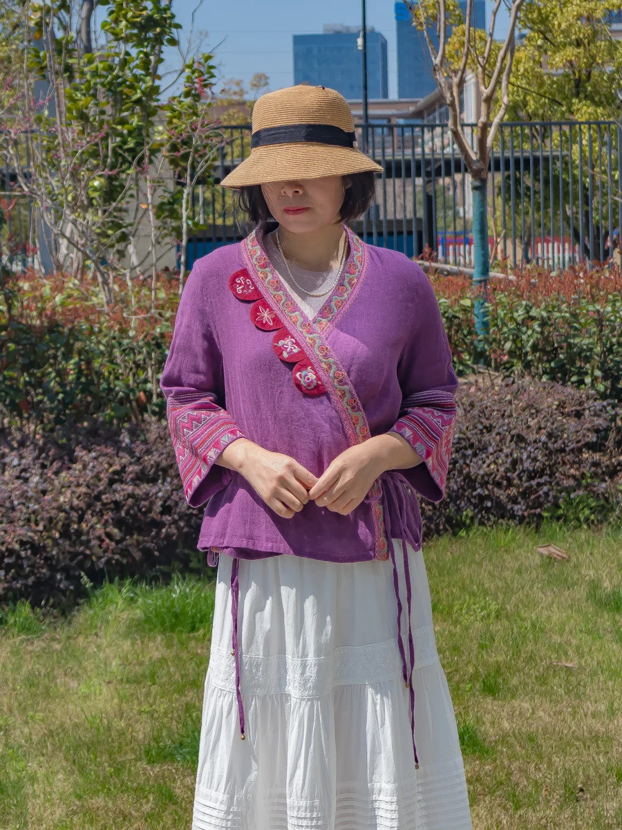 

Artistic Embroidered Linen Open Cardigan Women's V-ne Heavy Embroidery Retro Top Spring New Arrival Qian Chun Wuxi