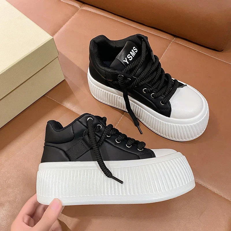 Women Leather Chunky Sneakers New 2023 Autumn Platform Casual Shoes Lace-up Dad Sport Shoes Woman Black Vulcanized Shoes 6.5CM