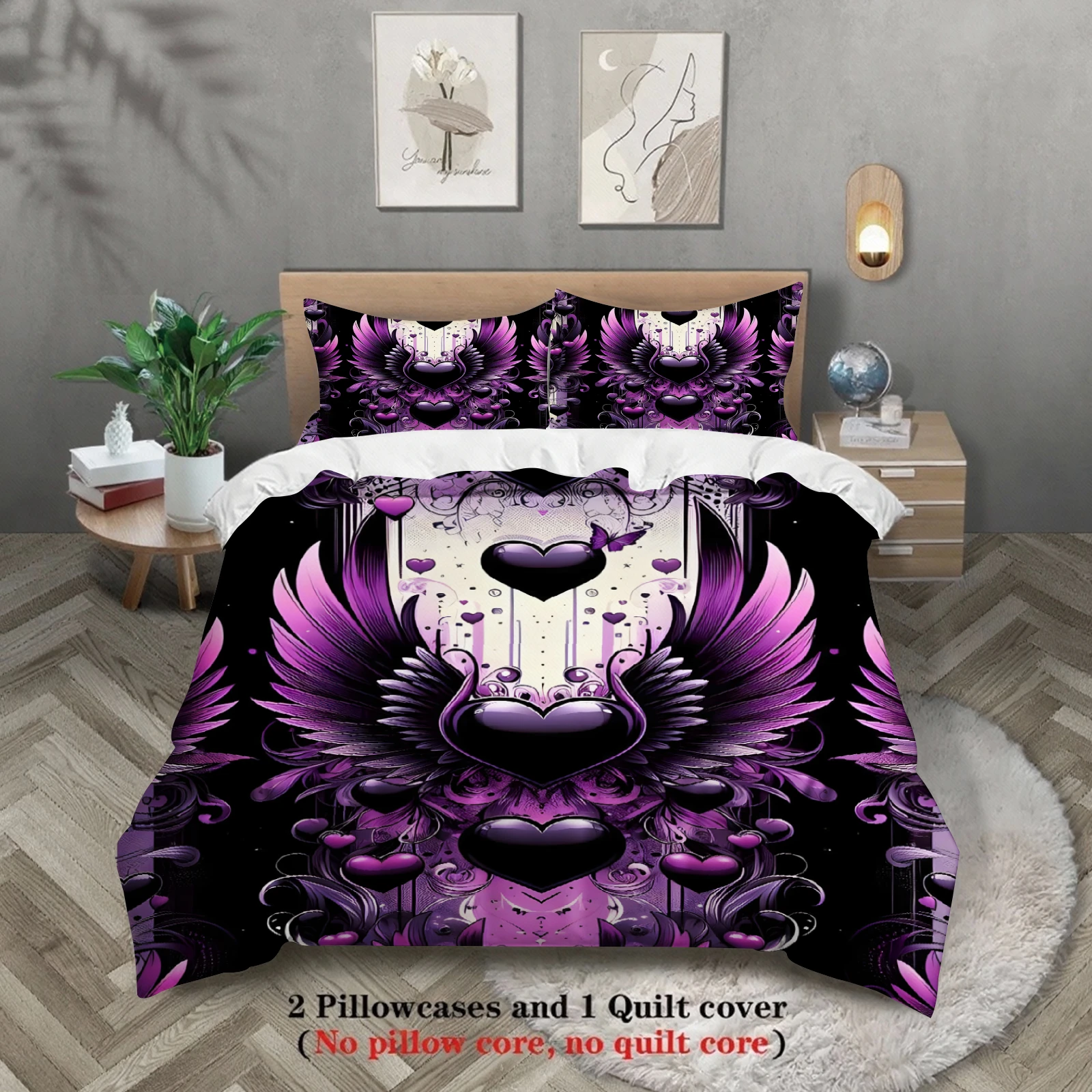 Gothic Heart Wings Duvet Cover Set Purple Black Bedding Set With 2 Pillowcases For Gothic Lovers Bedroom Twin Queen King Size