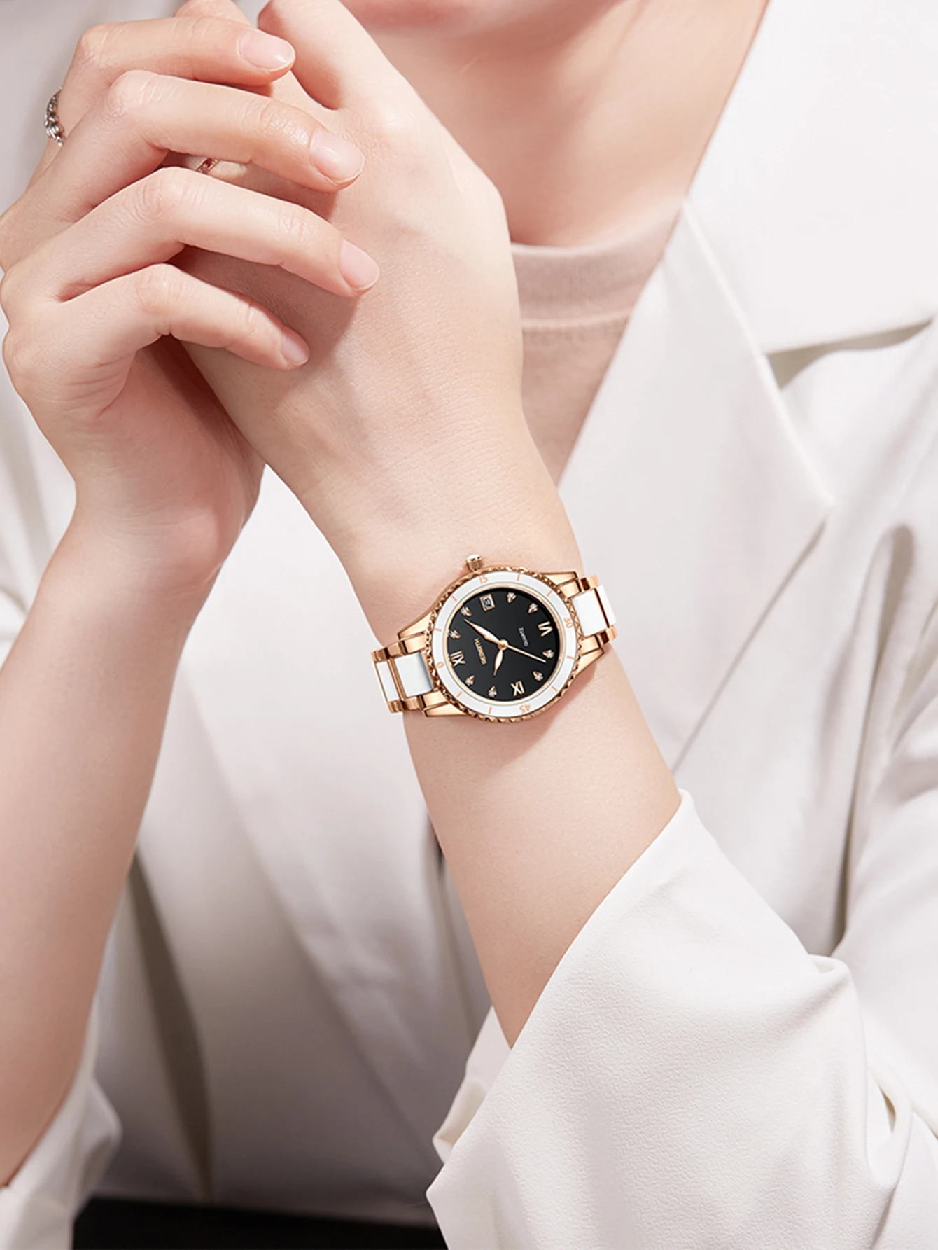 BIDEN Ladies' Watch Anti Ceramic Strap Ladies' Watch Luxury Diamond Inlaid Luminous Pointer Calendar Original Quartz Watch