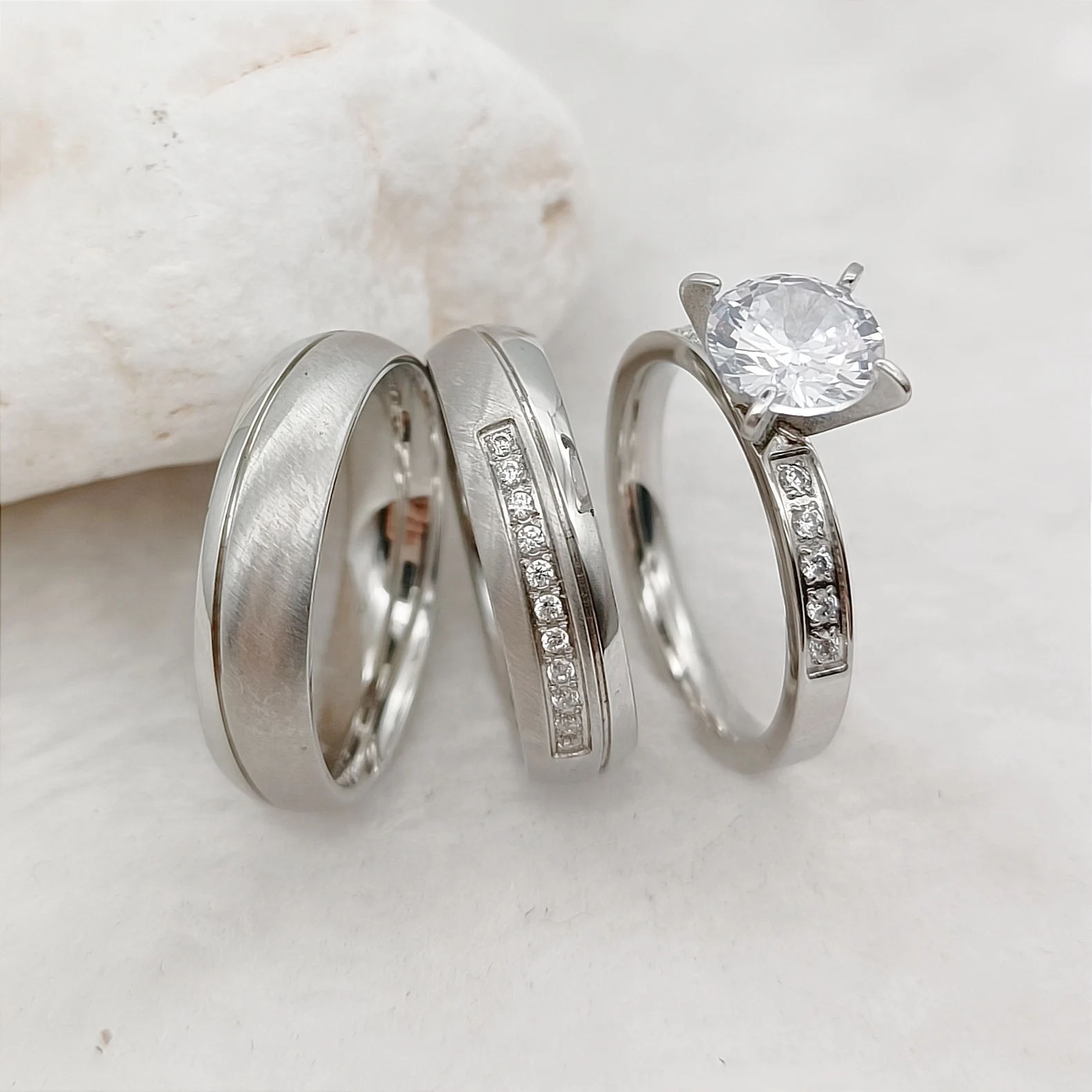 Cz Stone Bridal Sets 3pcs Wedding Engagement Rings For Men And Women Love Alliances Silver Color
