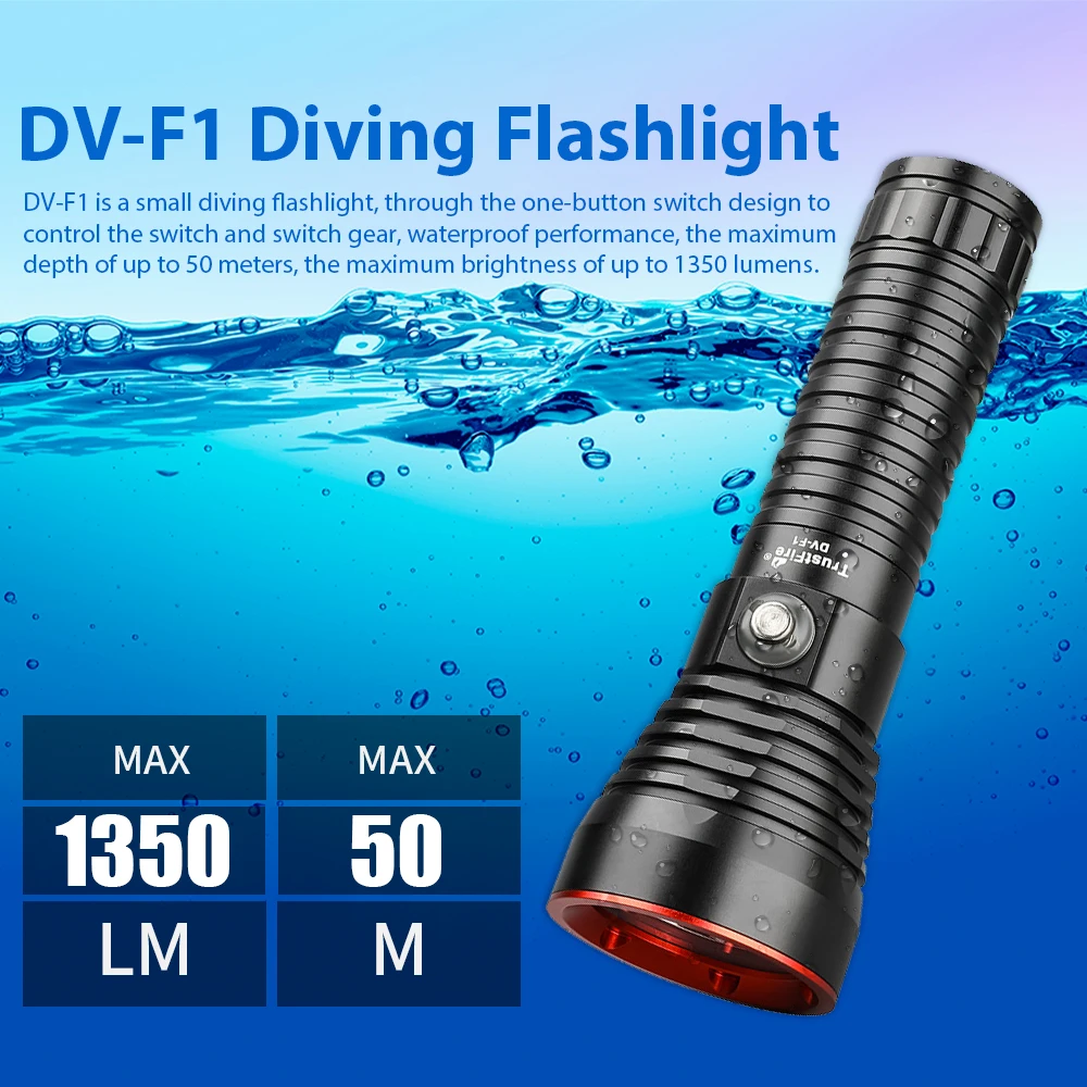 TrustFire DV-F1 Scuba Diving Light 1350 Lumen 26650 Battry Usb Rechargeable Diving LED Flashlight Depth 50 Meter Waterproof Lamp