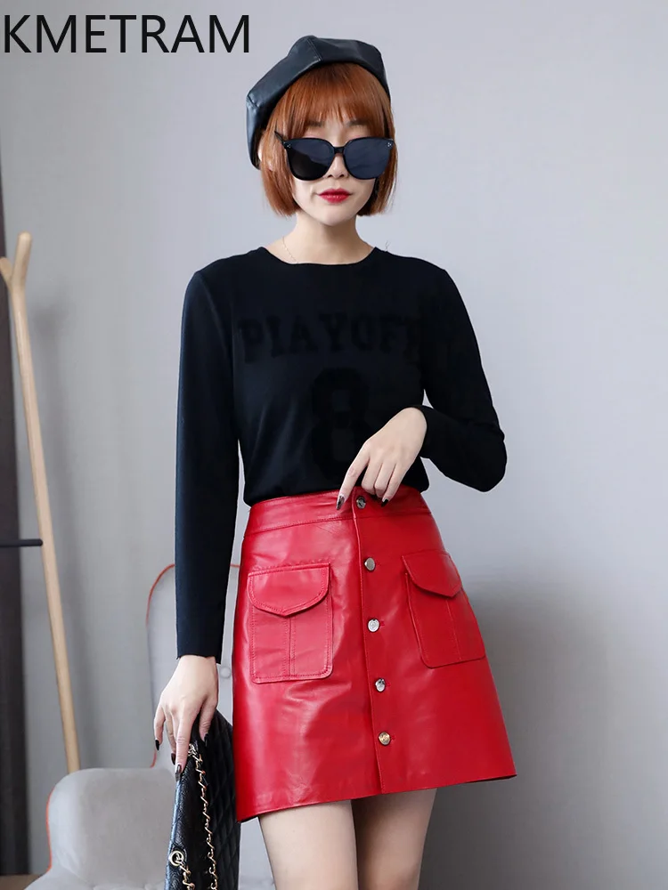 Real Sheepskin Skirts Elegant Genuine Leather Skirt for Women 2024 Autumn Winter Women's Clothes High Waist Mini Skirt Wrap Hip