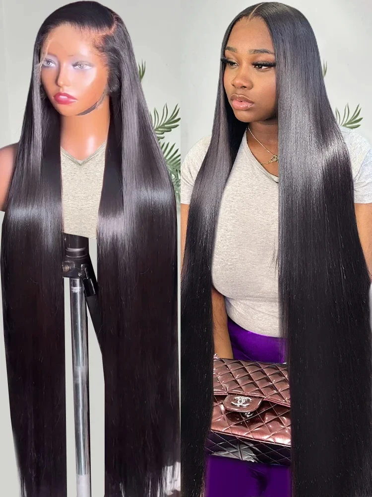 42インチストレートウィッグ、プレプラッキング済みレースフロントウィッグ、200密度HDレースフロントウィッグ、5x5、13x6ストレートブラックウィッグ（女性用レース）