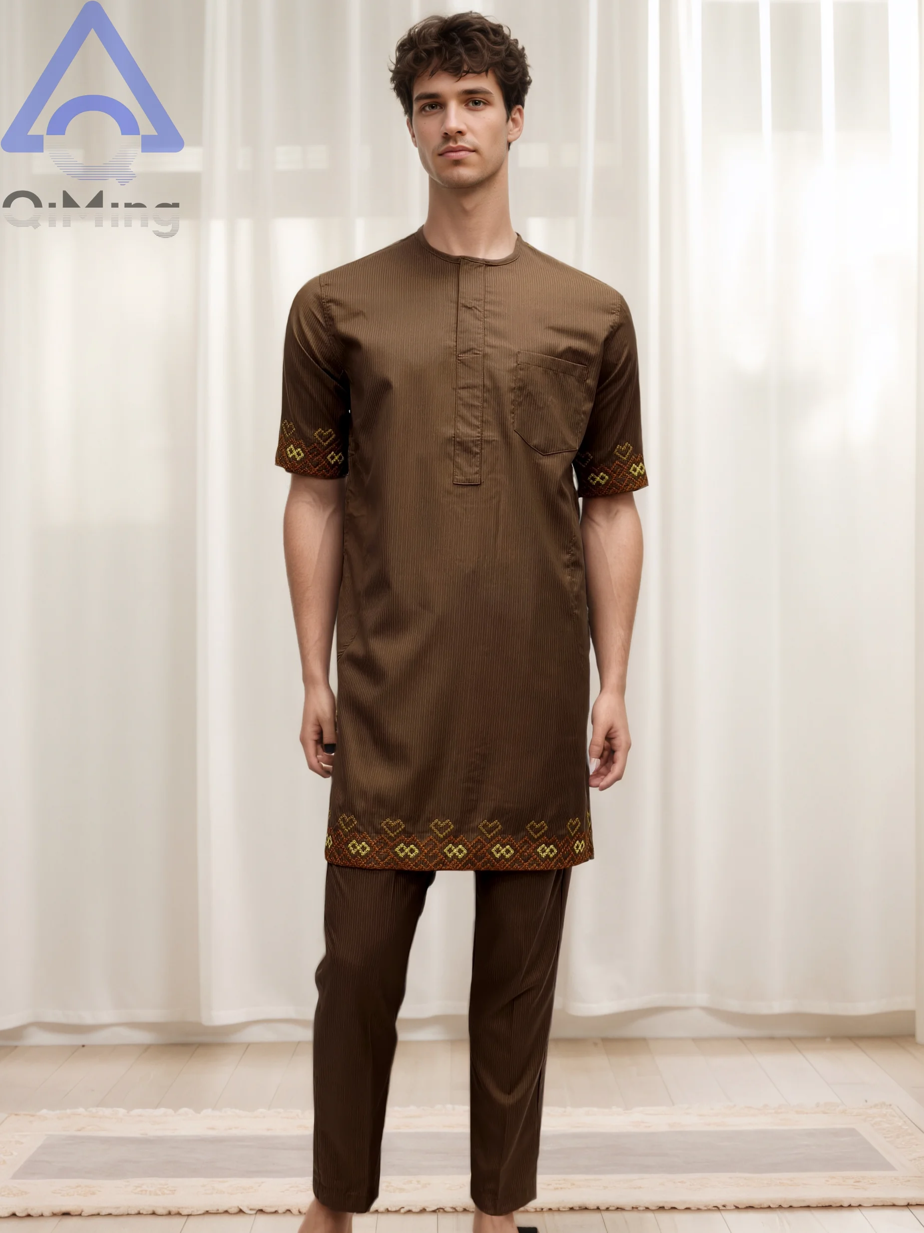 White Plain 40% Cotton Two-Piece Summer Muslim Wedding Outfit Jubba Fashion Cuffs Embroidery Prayer Moroccan Islamic Dubai Abaya