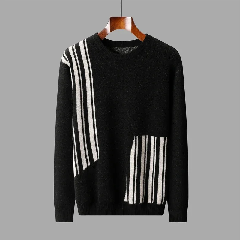 Men's pullover sweater with full sleeves Color blocked knitted casual warm ATTYYWS hot selling new O-neck Pure Wool sweater
