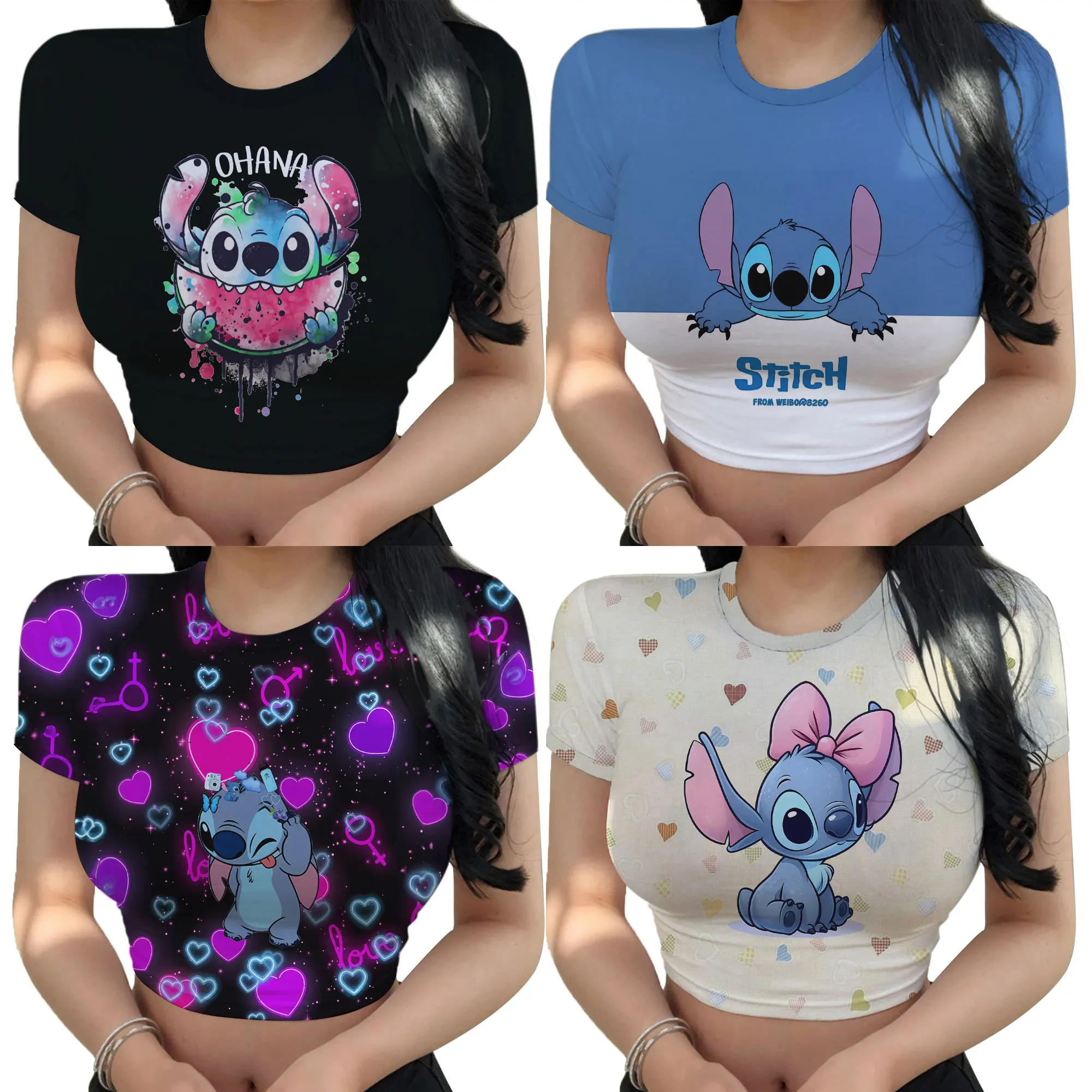 Women's Short Sleeve Summer Casual Cartoon Stitch T Shirts Girls Basic O Neck Crop Top Soft Bodycon Korean Style Youth Woman Tee