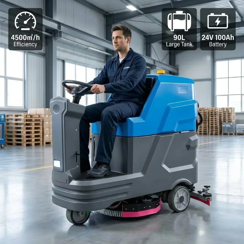 Industrial Ride-on Floor Scrubber 4500㎡/h Efficiency 90L Large Tank 24V 100Ah Battery Automatic Floor Cleaning Machine
