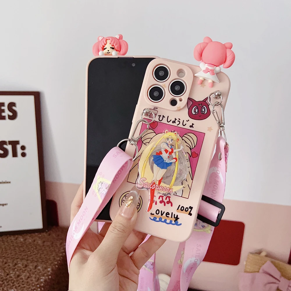 Dla Samsung Galaxy A12 A11 A71 A51 A52 A22 A02s A32 A13 A53 A03s A04s A20s A33 A73 A23 Pink Moon Case With Holder Rope