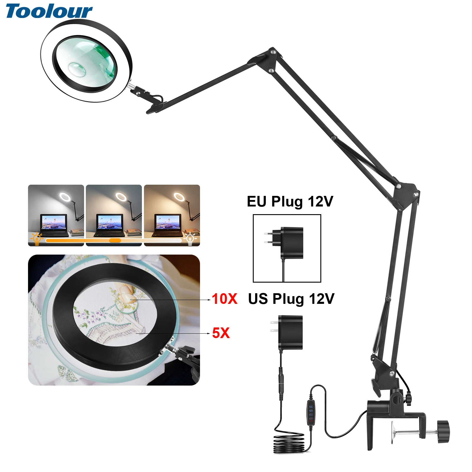 

Toolour EU/US 12V Magnifying Glass Lamp with 5X 10X HD Glass Lens 3 Color Modes Stepless Dimmable LED Lighted for Craft Hobby