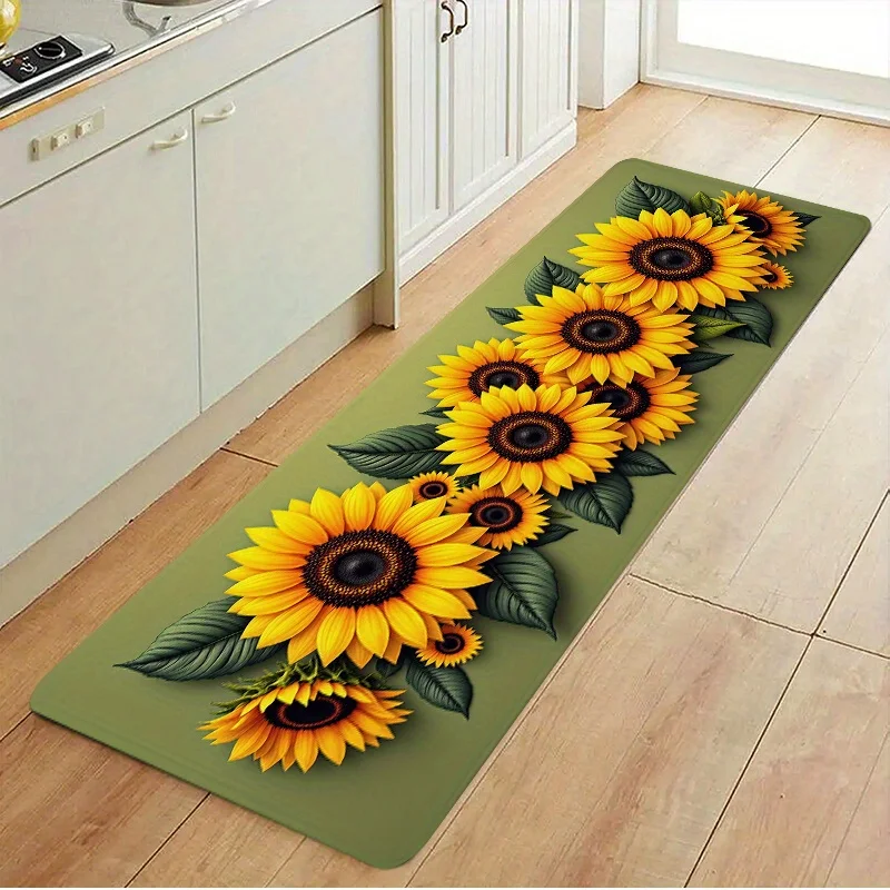 Olive Green Sunflower Leaf Kitchen Runner Mat Anti Slip Absorbent Rug Bright Yellow Floral Print Carpet Kitchen Hall Bathroom
