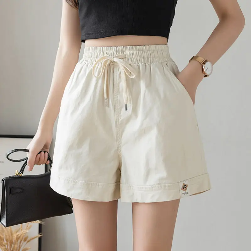 Korean Fashion Summer New Women's Elastic Waist Drawstring Pocket Simplicity Versatile High Waist Loose A-line Wide Leg Shorts