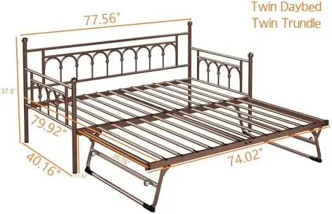 Upgraded Metal Day Bed with Trundle Bed Twin Daybed with Trundle Twin Size, Space Saving Daybed with Pop Up Trundle Bed
