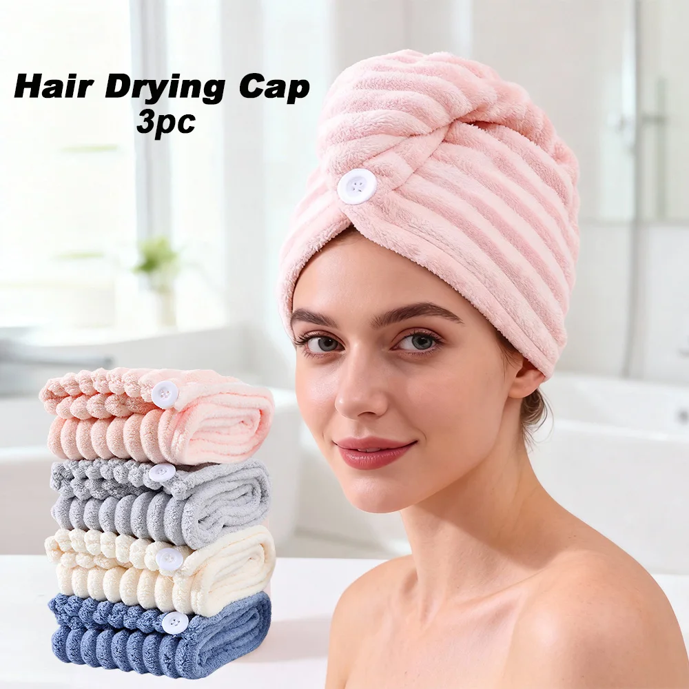 3Pcs Hair Drying Cap, Premium Microfiber Absorbent Soft Quick-Drying Towel Wrap, Ideal for Frizzy Hair & Home Bathroom