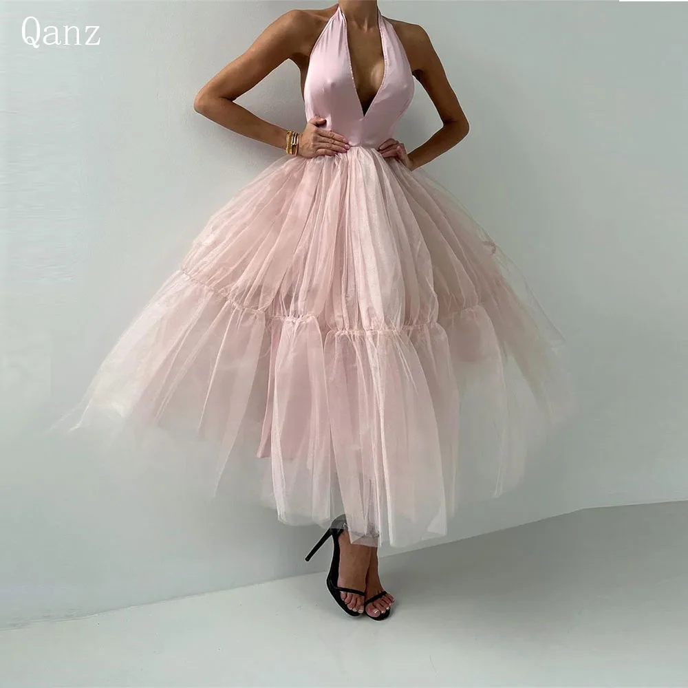 

Qanz Pink Sexy Prom Dresses Tulle A line Ankle Length Evening Dresses Luxury Party Gown Backless Ruched V Neck Robe De Soiree