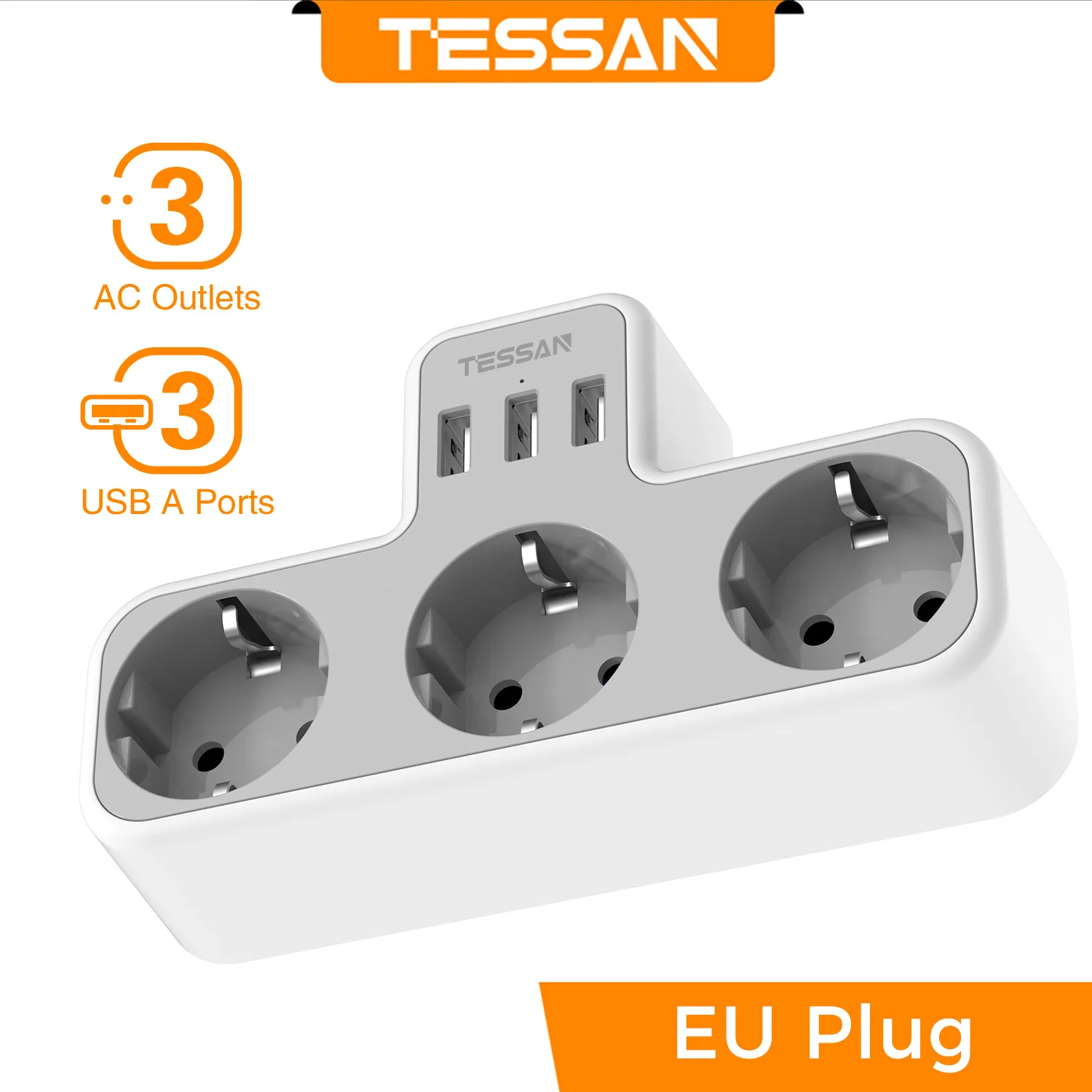 TESSAN Compact Wall USB C Plug Socket 5 in 1 Thief Socket with 3 Schuko 3 USB Ports Multiple Plug Adapter for Home Office Travel