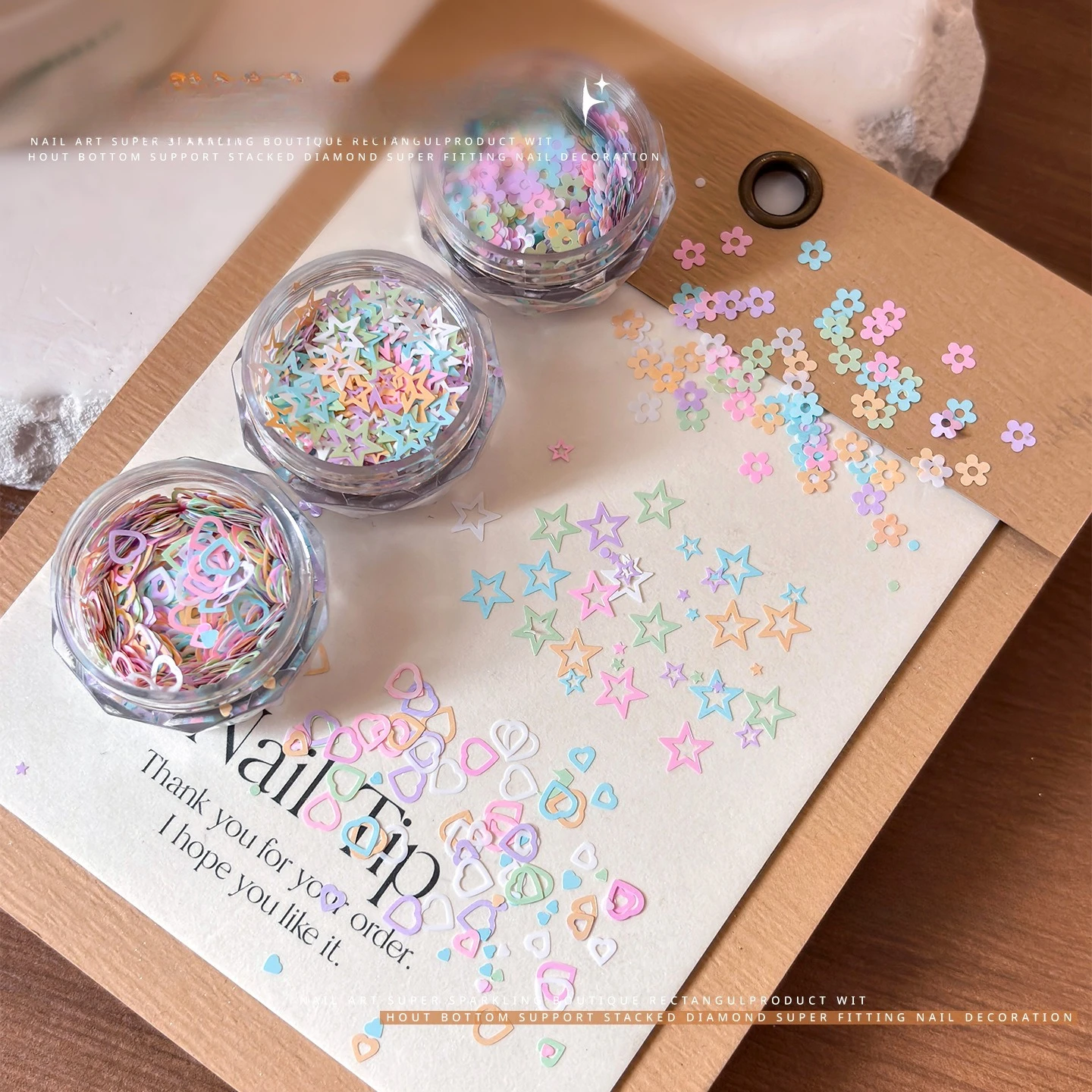Holographic Hollow Heart Star Glitter Nail Stickers Mix Ins Ultra Thin Macaron Flower Nail Art Decals Flat Back Charms Gems