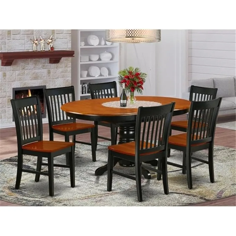 Dining Room Furniture Set Consist of an Oval Kitchen Table with Butterfly Leaf and 6 Dining Chairs, Black & Cherry