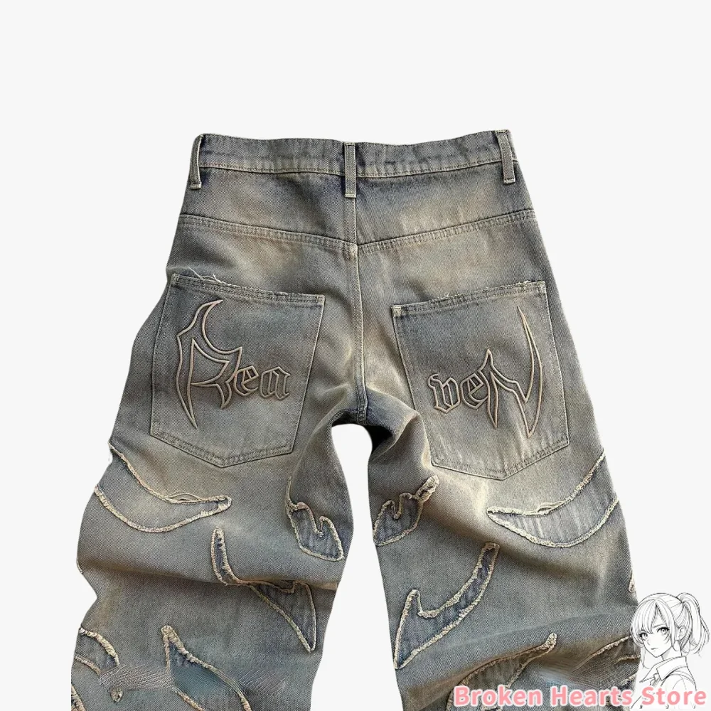 Pantalones vaqueros lavados rasgados con grabado primal pesado para hombre, pantalones Y2k, ropa de calle, pantalones de chándal holgados de