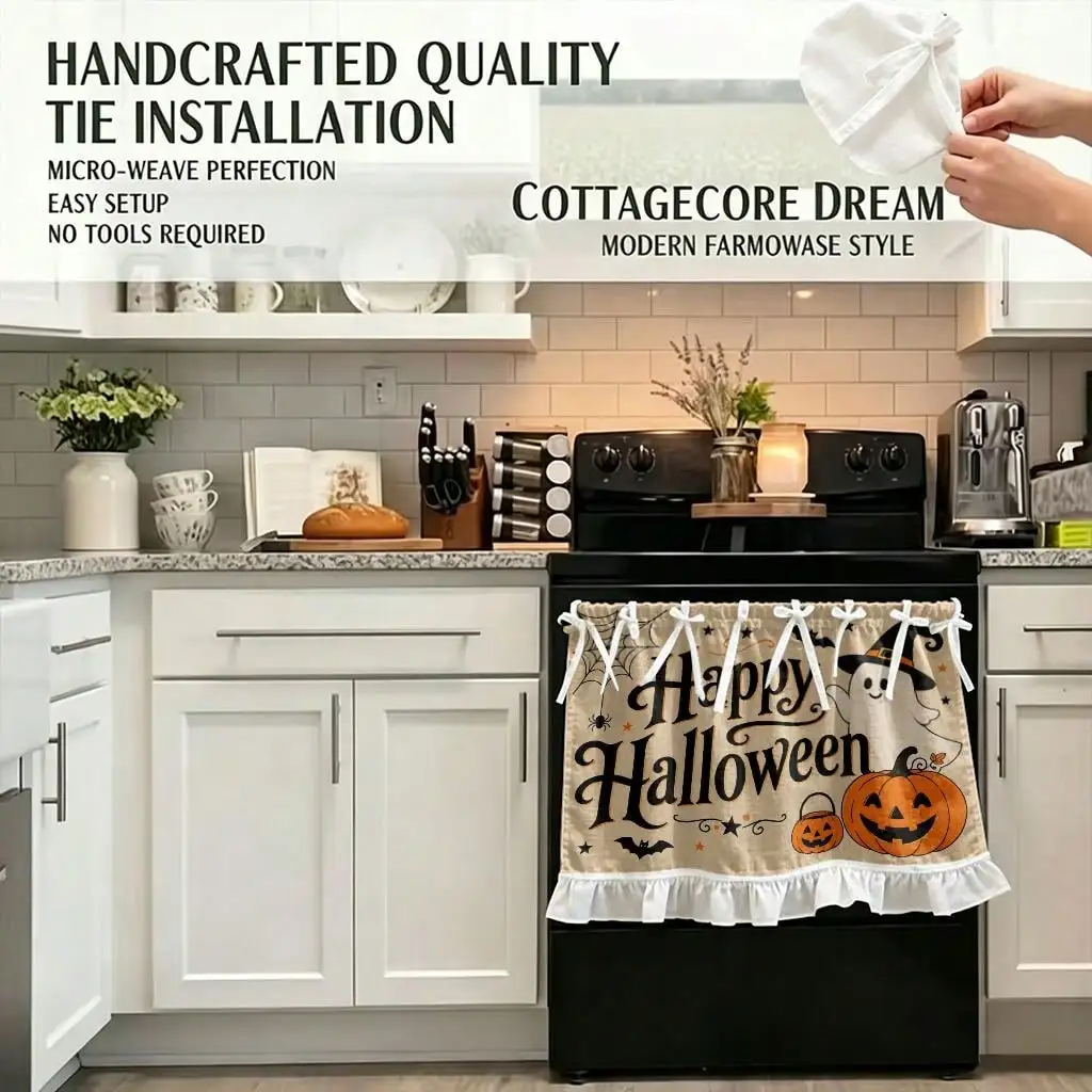 2D Flat - 2D Flat - 1pc Halloween Kitchen Stove Oven Valance, 2D Printed Happy Halloween Ghost Pumpkin Bat, Spooky Kitchen Decoration Curtain for Dishwasher Microwave Cabinet Kitchen Sink, Great Addition to Your Halloween Themed Home, Festive Gift