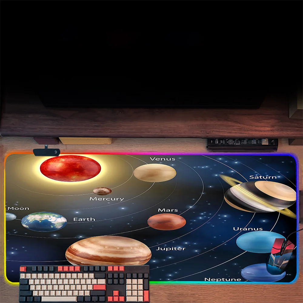 Universe Planets RGB Pc Gamer Keyboard Mouse Pad Mousepad LED Glowing Mouse Mats Rubber Gaming Computer Mausepad