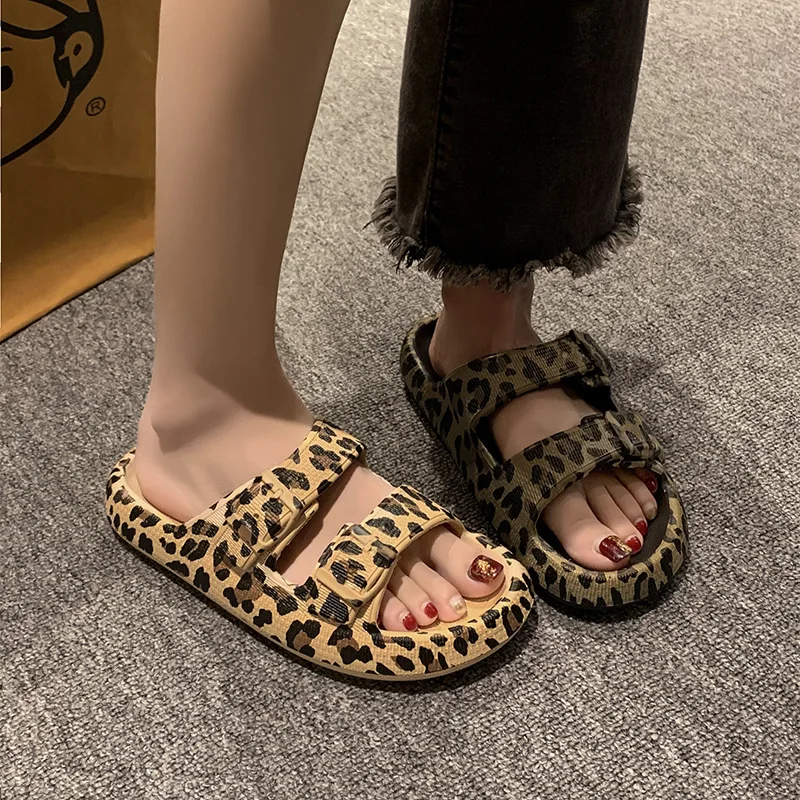 Leopard Soft Sole Pillow Slippers for Women Double Buckle Thick Platform Cloud Slides Sandals Woman Summer Non-Slip Flip Flops