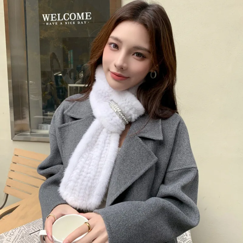 

Winter Warm Mink Fur Scarf For Women Double-Sided Woven Natural Fur Neck Warmer Real Fur Ring Scarves Hand Knitted Fur Scarf