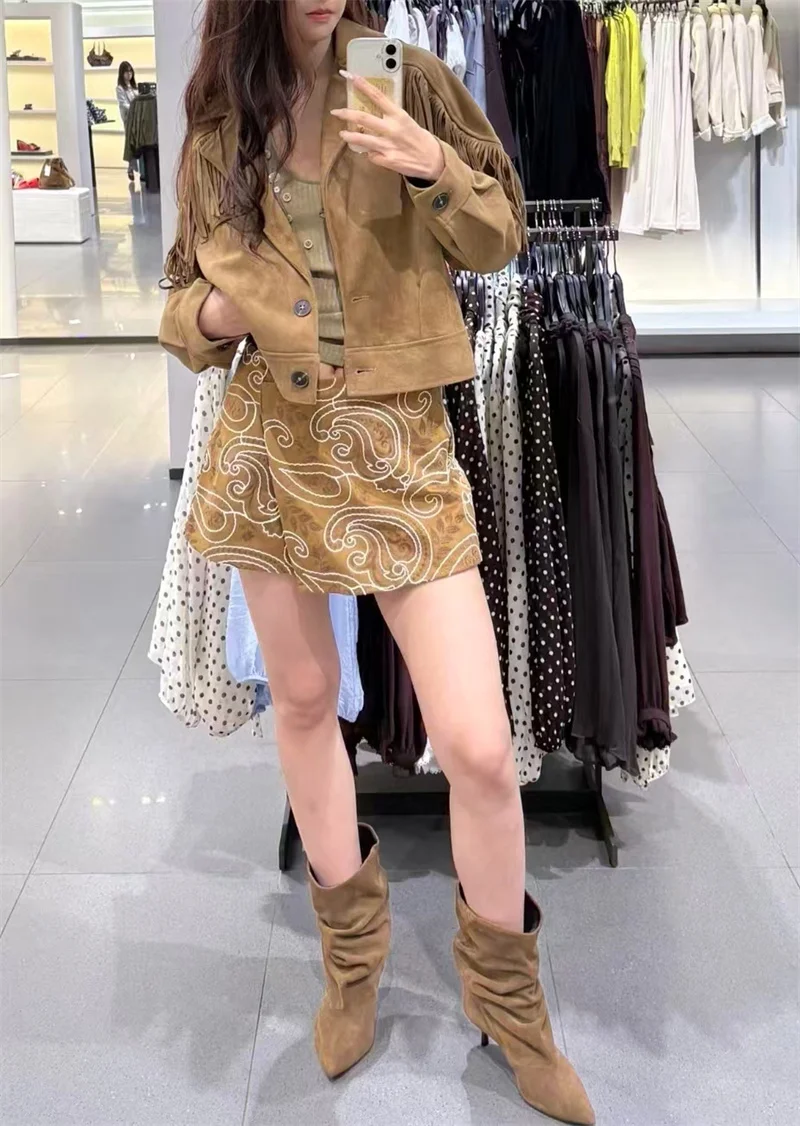 Guobioziy Women's Jacket 2026 Autumn New Camel Long Sleeve Fringe Decorative Suede-Textured Denim Biker Jacket Parka Trendy
