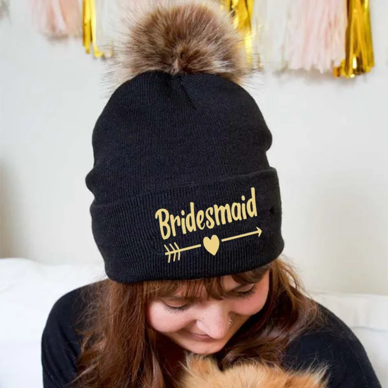 Bridesmaid Bride to be Pom Pom warm hat Cap Bachelorette hen Party winter Wedding engagement Bridal Shower decoration gift favor