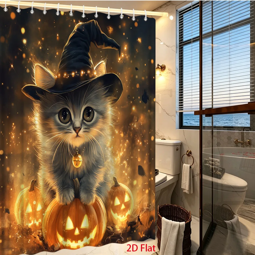 2D Flat, 2D Flat, 1pc 2D Flat Halloween Shower Curtain Cute Wizard Kitten Theme Magical Warm Glowing Jack O Lantern Pumpkin Spoo