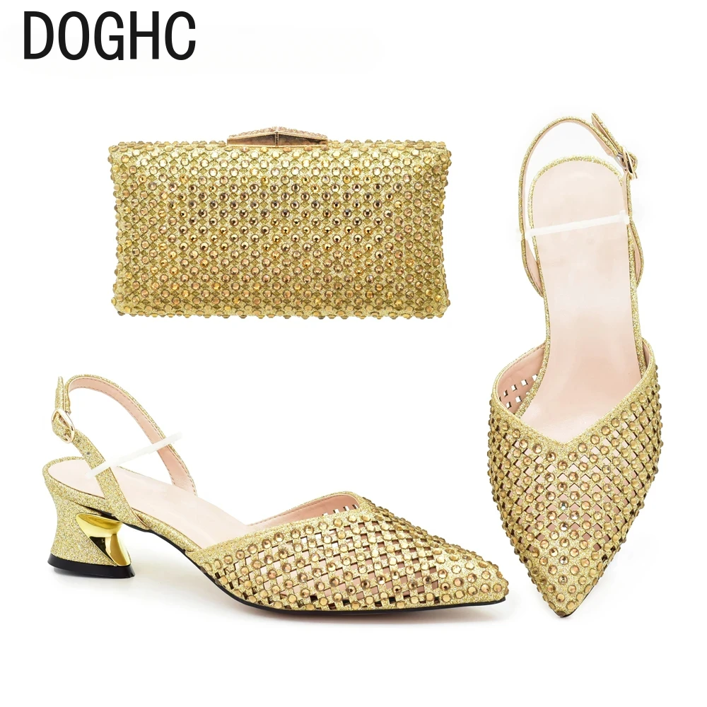 

New Arrival Italian Women Wedding Shoes and Bag Set Decorated with Rhinestone Low Heels Women African Wedding Shoes Bride