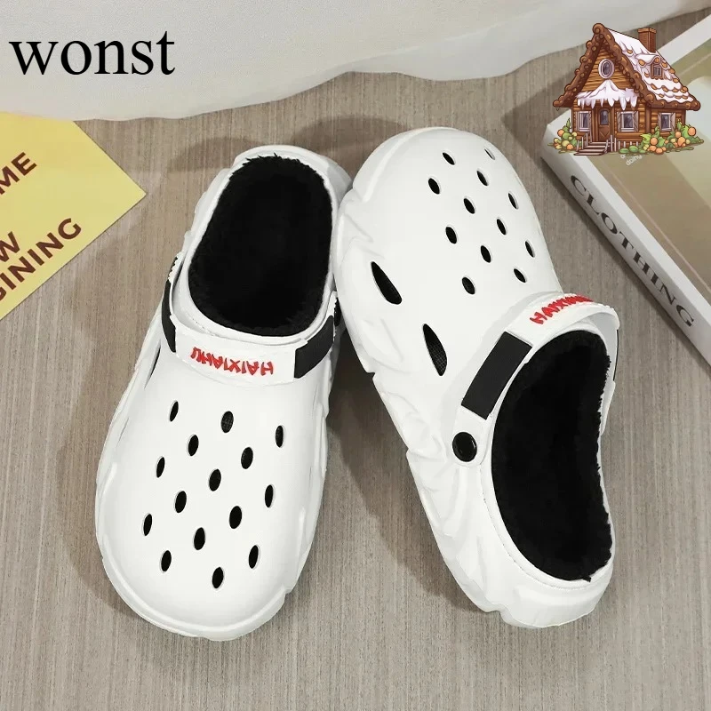 Winter Plüsch Fell Clogs Männer EVA Hausschuhe Warme Pelzigen Hausschuhe Paare Concise Indoor Hause Baumwolle Schuhe Casual Flauschigen Haus Rutschen