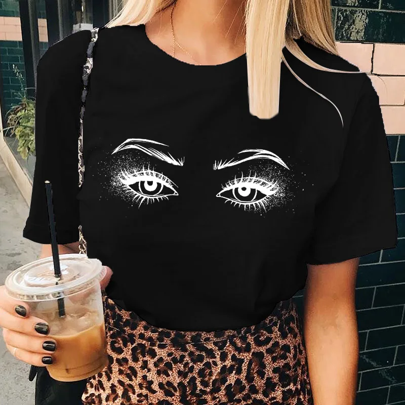 T Shirt Ladies Korean Fashion Summer Short Sleeve Cartoon Casual Female Clothes O-neck Tshirts Tops Eyelash Vintage Clothes