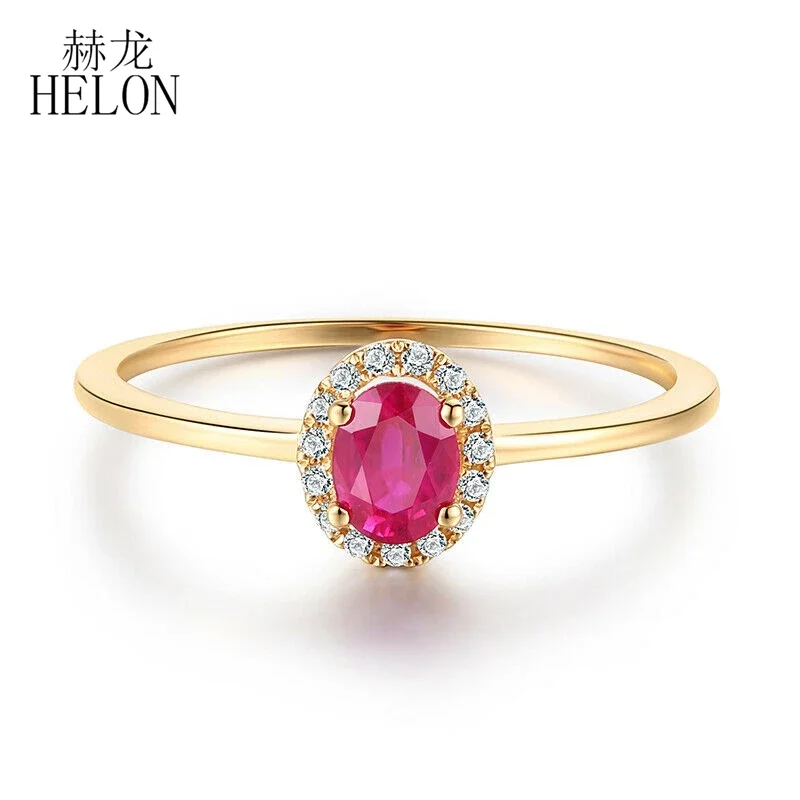 

HELON Solid 14K AU585 Yellow Gold Genuine Oval 4.5x3.5mm Ruby Diamonds Wedding Engagement Ring Women Simple Style Fine Jewelry